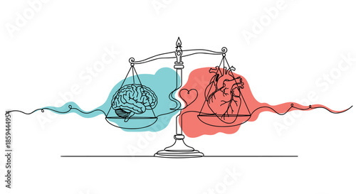 Conceptual line art drawing shows a scale balancing a human brain and a heart with blue and red color splashes.