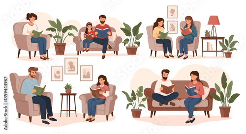 Diverse collection of people of different ages are shown enjoying reading books in various comfortable home settings.