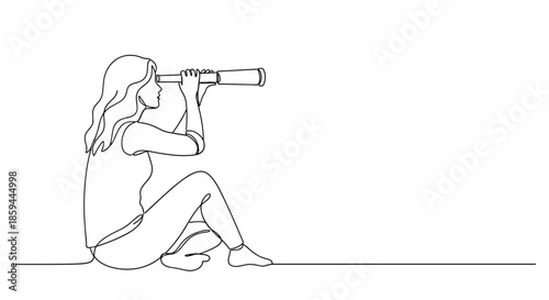 Minimalist continuous line drawing features a woman sitting on the ground and looking through a long telescope.
