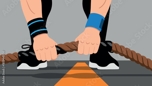 Athlete exercising with battle ropes on gym floor in modern flat design