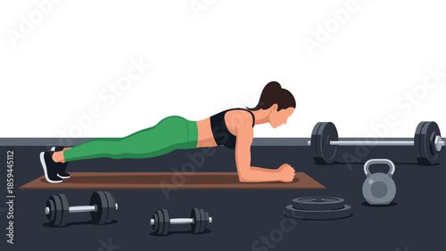 Woman in plank pose at gym with weights and kettlebell on floor