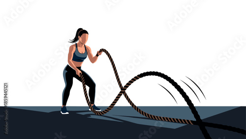 Female fitness enthusiast battling heavy ropes in athletic training session
