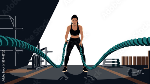 Energetic fitness workout: woman training with battle ropes in modern gym