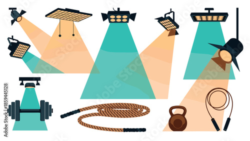 Gym equipment and lighting spotlight in flat design for exercise and fitness settings