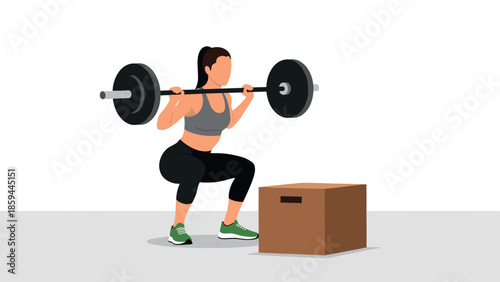 Woman performing barbell squat exercise with plyometric box in minimalist flat design