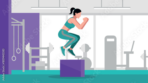 Dynamic workout routine in modern gym setting featuring woman in action