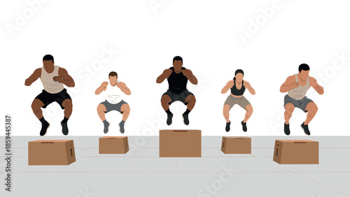 Group fitness training with box jumps in modern gym setting