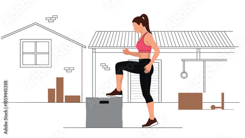 Woman exercising outdoors in minimalist linear design with gym equipment
