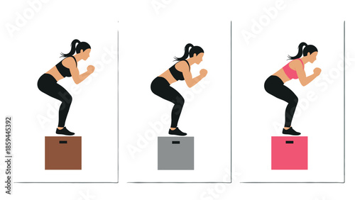 Female fitness jump squat on box trio in flat style