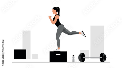Fitness workout: woman exercising with barbell and step platform in minimalist style