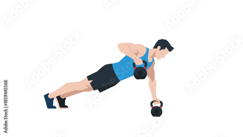 Man performing renegade row exercise with kettlebells in flat design