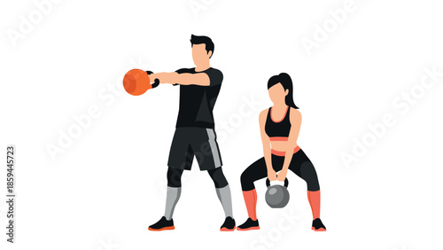 Fitness enthusiasts exercising with kettlebells in flat style art