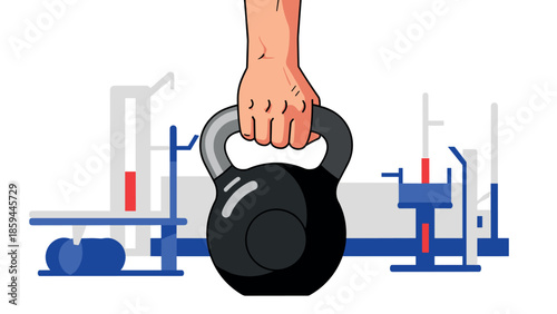 Hand holding kettlebell in modern gym setting with bold flat colors