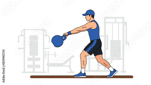 Man exercising with kettlebell in gym setting: fitness and strength training concept in flat design