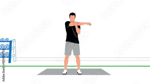 Man stretching arms in gym setting with minimalist style