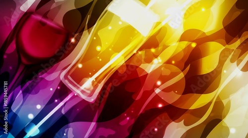 Abstract digital art of beer glass and wine glass with colorful bokeh lights. Generative AI. 