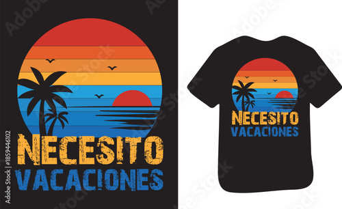 Necesito Vacaciones – Diseño Gráfico Retro de Verano con Playa, Sol y Palmeras