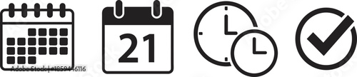 A set of four icons representing calendar date time and confirmation