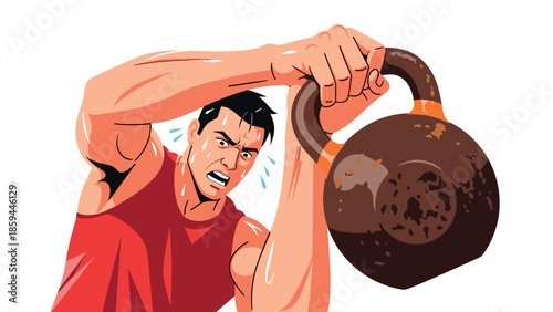 Dynamic fitness kettlebell workout with determined athlete in action