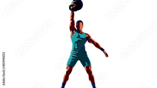 Dynamic athlete lifting kettlebell in bold graphic style