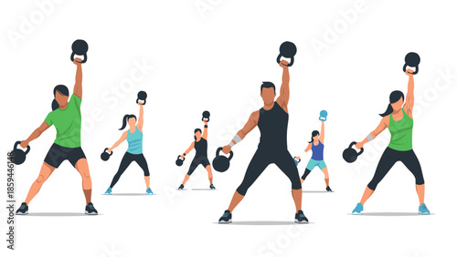 Group fitness training with kettlebells by diverse individuals in modern flat design