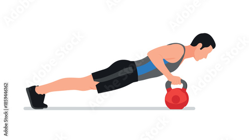Athlete performing push up with kettlebell in flat design