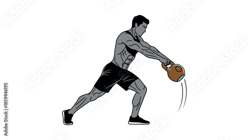 Dynamic fitness training with kettlebell: male athlete strength exercise in action