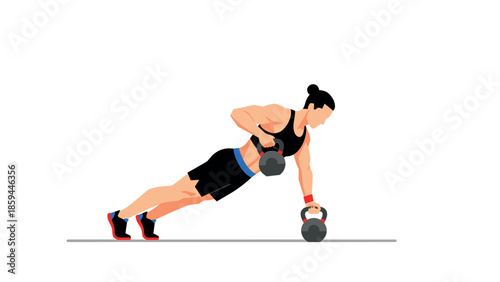 Fitness enthusiast performing kettlebell plank rows in flat style