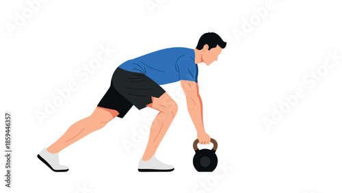 Fitness enthusiast exercising with kettlebell in dynamic flat art style