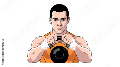 Determined athlete lifting kettlebell captures strength and focus in dynamic illustration