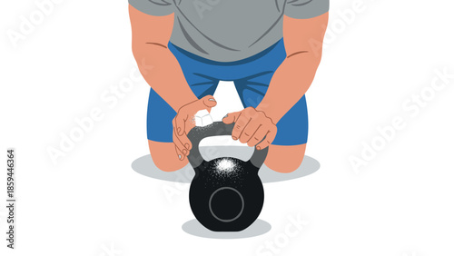 Hands preparing for workout with kettlebell and chalk dust in modern flat art style