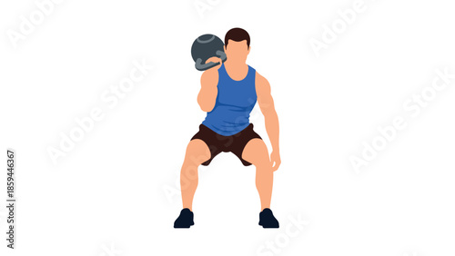 Fitness enthusiast exercising with kettlebell in blue outfit on white background