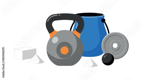 Flat style gym equipment: kettlebell, chalk, and weights for modern fitness