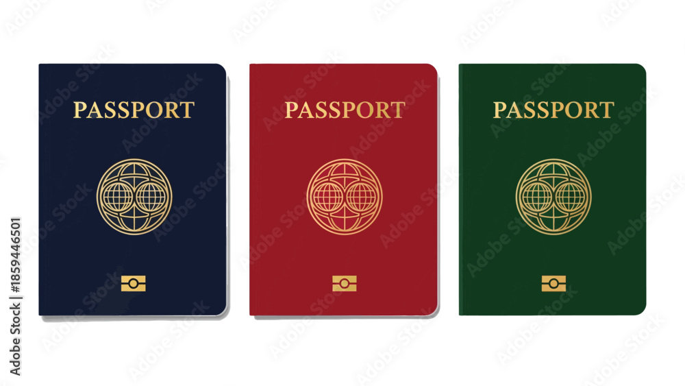 Naklejka premium 3D realistic vector collection of passports in green, red, and blue.