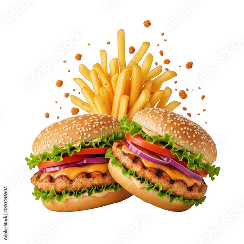 Two chicken burgers with french fries and nuggets isolated on transparent background