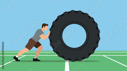 Man pushing heavy tire on sports field in flat style fitness illustration