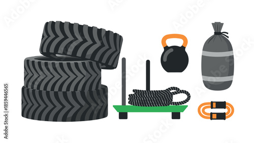Fitness gear: tire flips, kettlebell, battle rope, and punching bag set