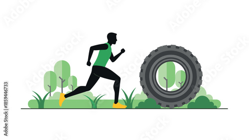 Silhouette athlete training with tire in nature scene
