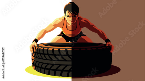 Dynamic workout: strong athlete lifting heavy tire in a bold graphic split design