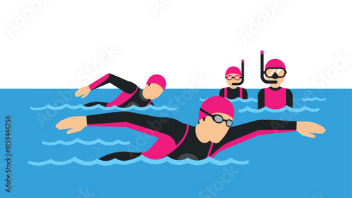 Professional swimmers in pool training with swim caps and goggles in a flat design