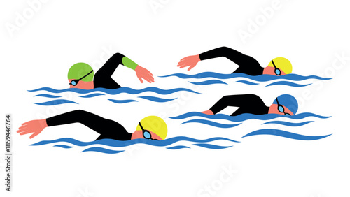 Team of swimmers competing in open water race with colorful caps and goggles