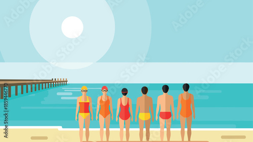 Flat style beach scene with people in swimwear facing the ocean
