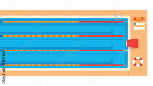 Top view of olympic pool with swim lanes and safety equipment