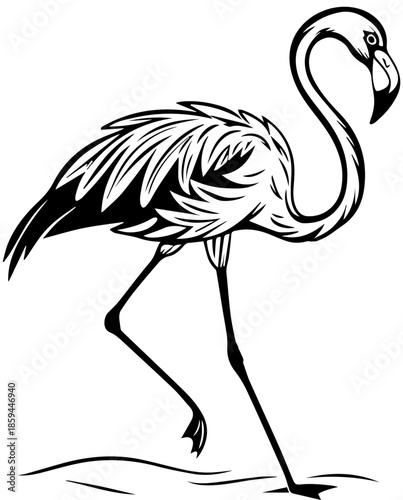 Elegant Flamingo Silhouette Walking - Tropical Bird Nature Vector Icon