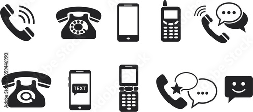 Collection of various phone icons and communication symbols in black and white