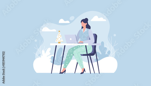 Woman working remotely on laptop during Christmas holidays blending business and festive spirit