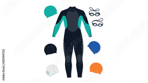 Diving suit and accessories set with colorful swim caps and goggles