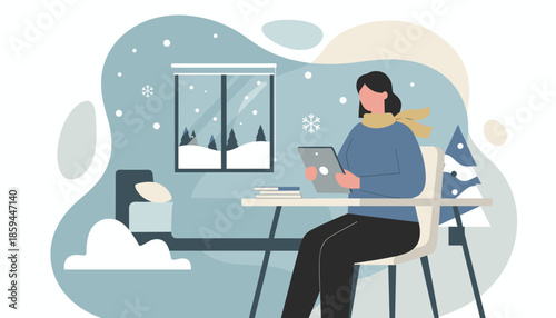 Woman using tablet inside cozy room overlooking snowy winter window