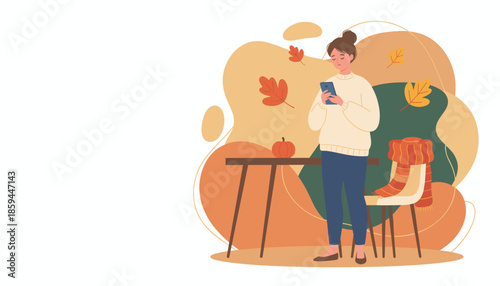 Sad woman using a smartphone in an autumnal setting with pumpkin and fall leaves Digital communication concept