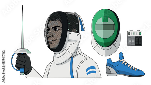 Fencer in modern gear: helmet, sword, and sport shoe design exploration